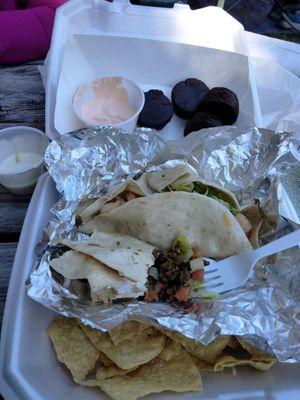 At the Sea Lab Dauphin Island shrimp and also a beef soft taco, cheese dip and chips brownies for dessert!!