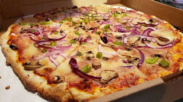 16" pizza w/vegan cheese & 3 toppings ($30). Nicely done, but expensive. Not sure of the cheese brand.