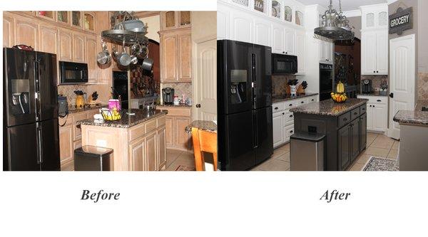 Painted the kitchen cabinets White with the island in an a dark color. Color recommended by Derek.
