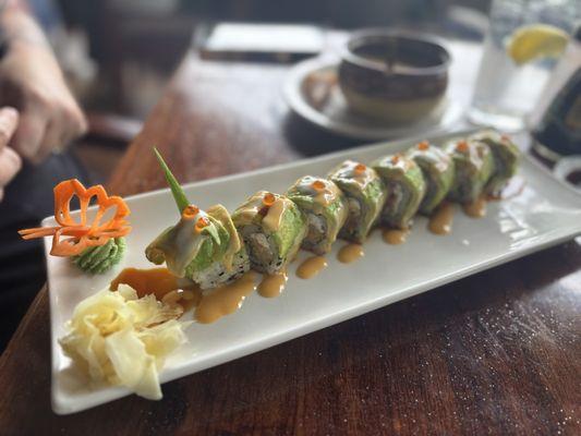 Green dragon roll. Fried shrimp, cream cheese, cucumber, avocado, spicy mayo and eel sauce.