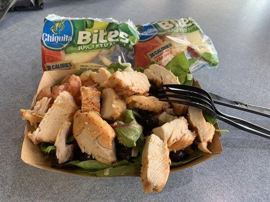 Kids chicken and blueberry salad with double apples for the sides. $6.99, included drink.