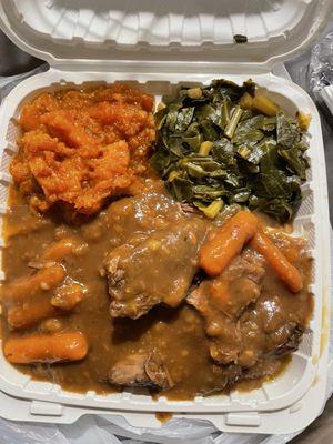 Pot Roast with rice, greens and yams