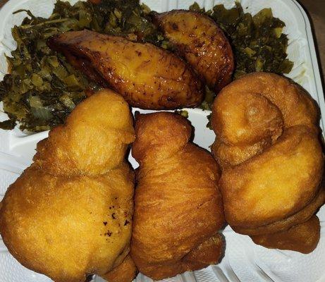 Callaloo and saltfish with fried dumpling and plantains