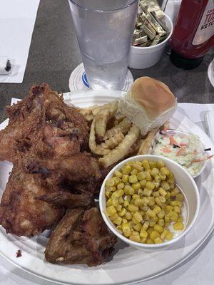 Broasted Chicken w/fries, corn, coleslaw and bun!