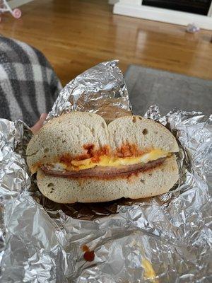 Plain Bagel Taylor Ham Egg and Cheese