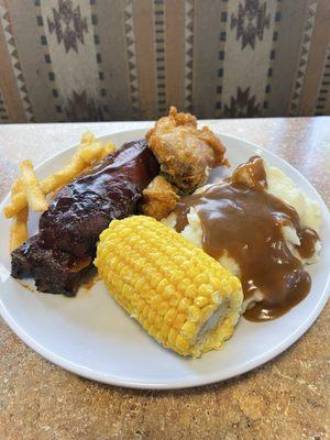 Beef Rib, Fresh Corn, Fried Chicken, Mashed Potatoes & Gravy, French Fries