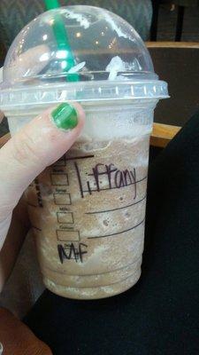 Mocha Frapp (Forgot to take the picture right when I got it....this is after I slurped the whipped cream and sipped some ) My go-to drink!