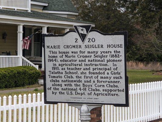 Marie Cromer Seigler House Historical Marker