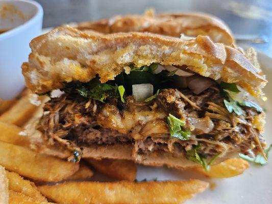 Birria burger closeup