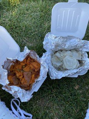 Chicken mo mo, sweet potato chhoila