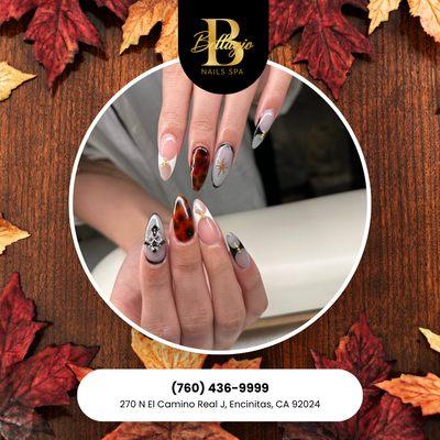 Cozy designs in earthy colors make nails timeless. Perfect for fall adventures. Book today