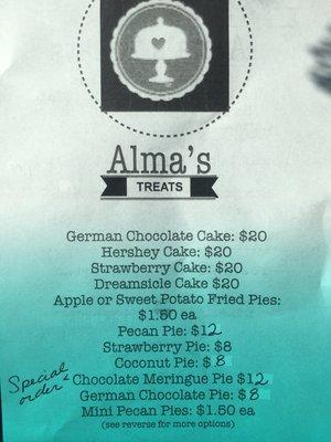 Cake order list with pricing.