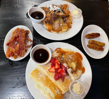 2 pancake samplers, side of bacon and pork sausage.