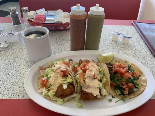 2 EXCELLENT Fried Shrimp Tacos & Carne Asada Taco w/Tomato added. Hot Coffee, *SPICY Red Salsa, & Green salsa