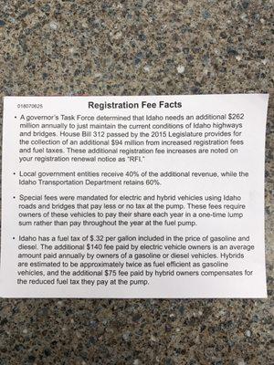 Hybrid car one year registration cost $200! New law for state of Idaho.