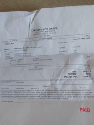 Receipt dated June 27, 2023 for Christy's Auto Service Jerry-rigging my LR, RR power windows so they wouldn't fall down. I paid $194.24.