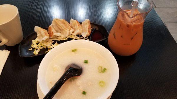 Congee with chicken, Japanese Potstickers, and HK Milk Tea
