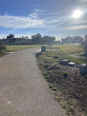 Sunny and there's lots of benches and a water station and a bicycle repair kiosk-thingy.