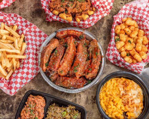 Ribs, Mac and Cheese, Green beans, Fries