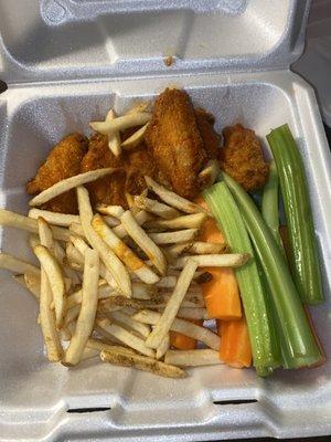 Hot wings and fries.