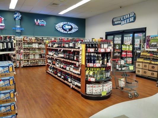 Wine, beer, liquor section with huge walk-in beer cooler