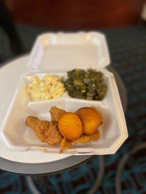 Fried chicken, collards and Mac n cheese