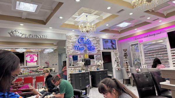 Back of the salon and bar area. Free drinks