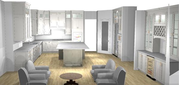 3D rendering of a kitchen remodel. White Shaker cabinets, Stacked cabinets, glass doors, hutch and Island
