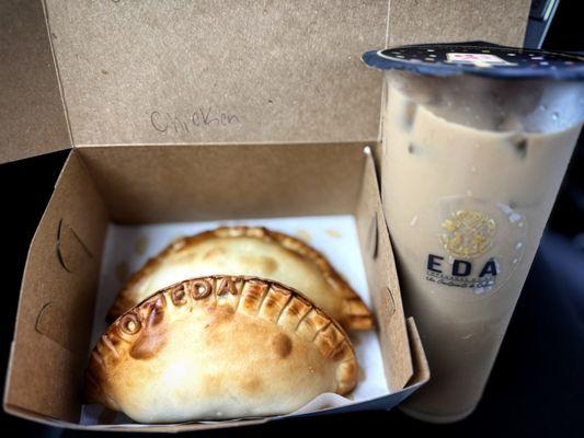 E20. Chicken Empanada, E22. Chicken Saltena Empanada, and 09 - Brown Sugar Coffee Latte