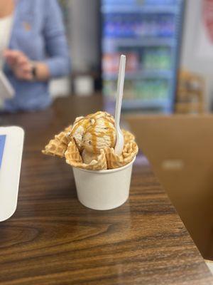 Caramel Crunch in Waffle Bowl with extra Caramel