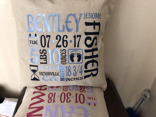 The picture doesn't do this justice. These are Birth Anouncement Pillow We can print them in any color and the make great gifts