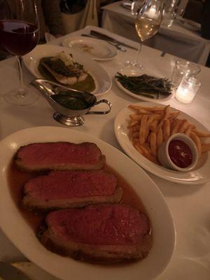 picanha steak, French fries, mackerel, long beans