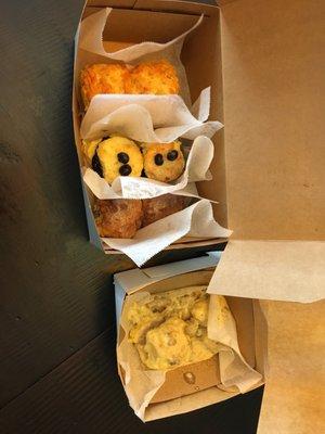 Cheddy ham, very berry, cinnamon roll, biscuits and gravy