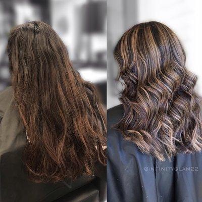 Before and after .. cut about 4in off and balayage ... she had previous box dye hair