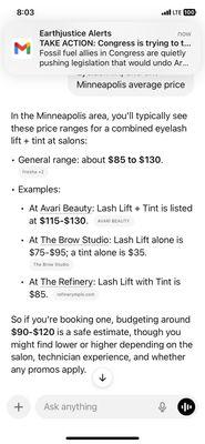 ChatGPT summary of average prices for eyelash lift in tent in Minneapolis