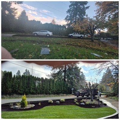 Before and after, little design, sod,plants, decorative boulders, river rock and plants, free design