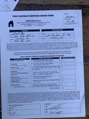 The contract and the amount paid and the company who's holding the furniture hostage