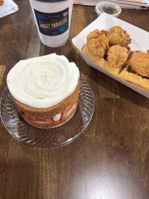 Chicken and corn bread waffles and cake