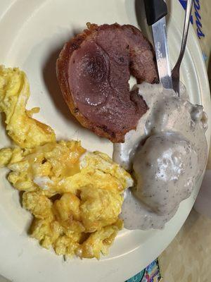 Biscuits n gravy, cheesy eggs, country ham
