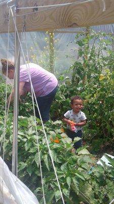 Volunteers, Nina and little Aaron working in the tunnels.