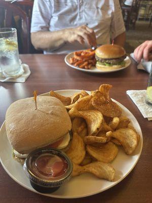 Caprese on toasted brioche was so good. The burger was tasty too.