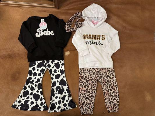 Babe/cheetah pant outfit, cow print bell bottoms, mamas mini hoodie