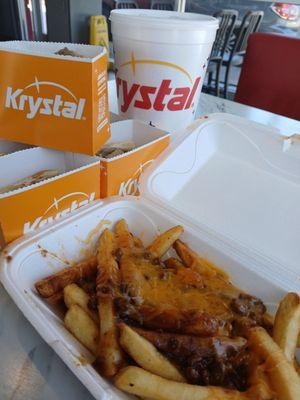 5 cheese krystals and chili cheese fries.