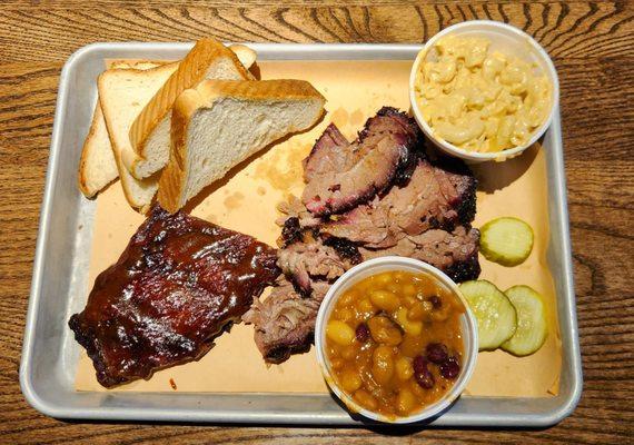 The brisket and ribs with beans, Mac & Cheese, and Texas toast.