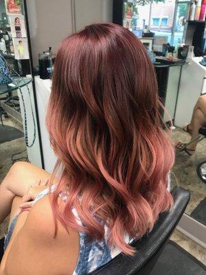 Kelly did my hair red one top and rose gold on the bottom