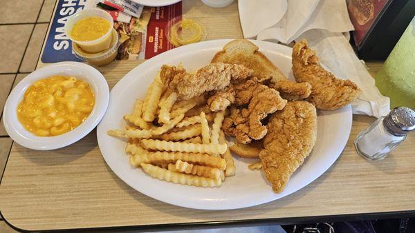 Chicken strips, French fries, and mac and cheese.The honey must a rd is super good.