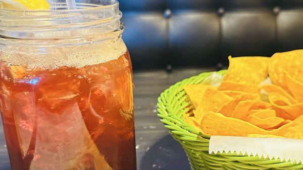 Raspberry tea and chips and salsa