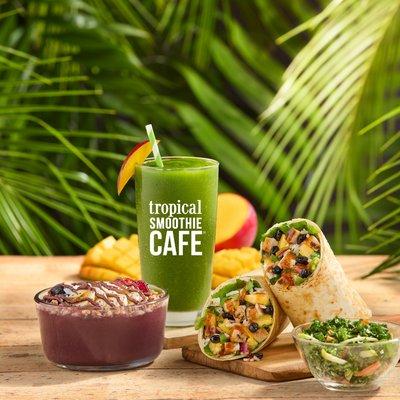 Detox Island Green® Smoothie, Acai Bowl with NUTELLA®, Caribbean Jerk Chicken Wrap, Kale &  Apple Slaw side.