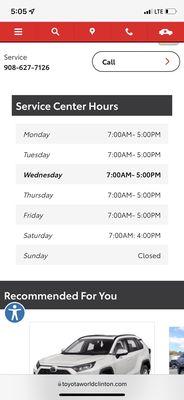 Toyotas service centers hours according to their website which clearly are incorrect since you lock your doors early