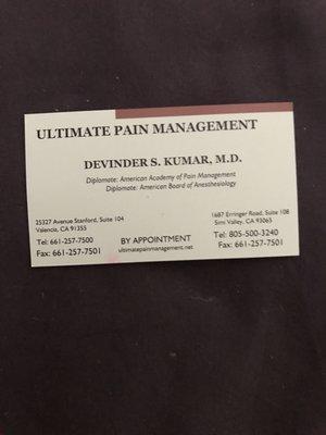 Dr. Kumar's business card.